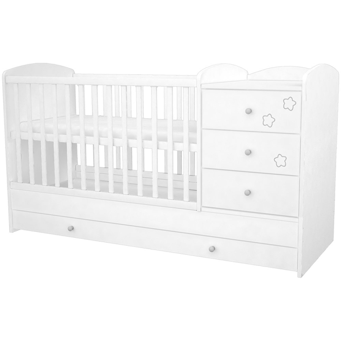 Patut copii transformabil din lemn cu 4 sertare Hubners Matei Kombi 120x60 cm alb cu stelute [2]