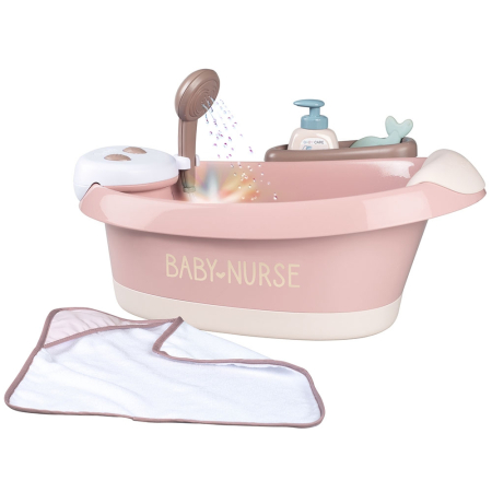 Papusi si Accesorii - Cadita pentru papusa Smoby Baby Nurse Baleno Bath roz cu accesorii