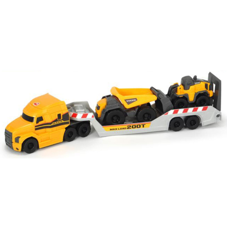 Masinute si Piste masinute - Camion Dickie Toys Mack Volvo Micro Builder cu remorca, buldozer si camion basculant