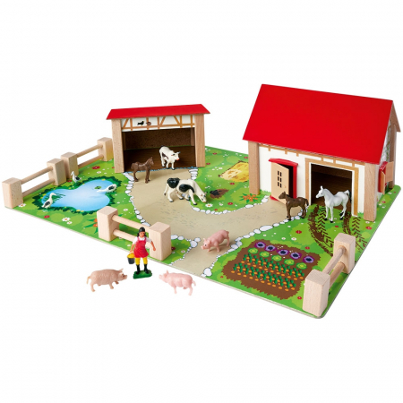 Jucarii din lemn - Ferma din lemn Eichhorn 51x36x17 cm cu 20 accesorii