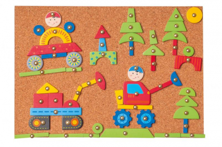 JOCURI SI PUZZLE  - Joc de constructie Woodyland Tabla de pluta cu pioneze si ciocan