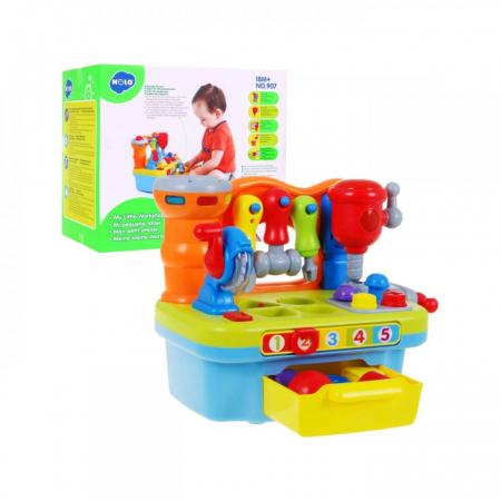  Jucarii interactive bebelusi - Jucarie multifunctional senzorial, banc de lucru cu sunete si lumini, Hola