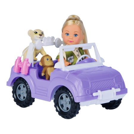 Papusi si Accesorii - Papusa Simba Evi Love Safari 12 cm cu masinuta, animale si accesorii