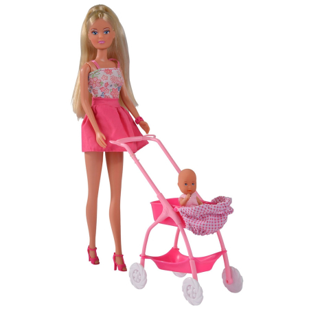 Papusi si Accesorii - Papusa Simba Steffi Love Baby Walk 29 cm roz cu carucior si accesorii