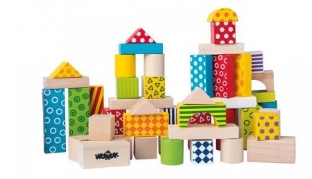  Cuburi si caramizi - Set Cuburi de constructii din lemn, colorate si decorate, 50 piese, Woodyland