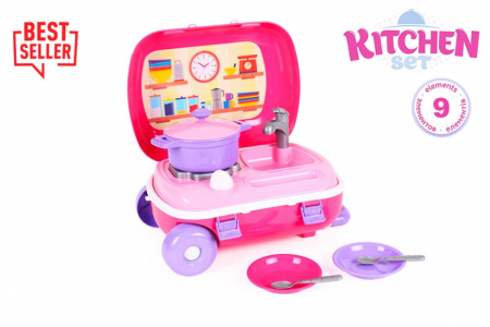 Jocuri de rol - Set mini bucatarie in troliu roz TechnoK, cu accesorii