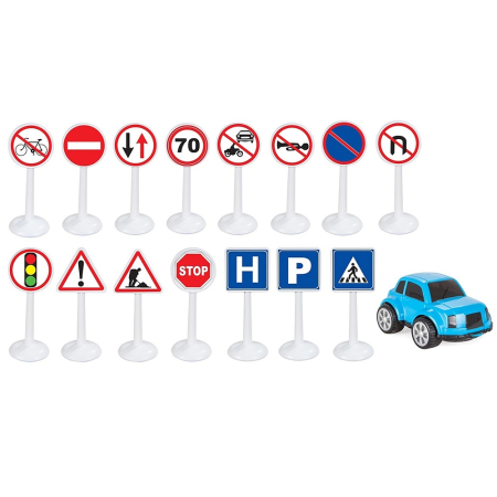 Masinute si Piste masinute - Set Pilsan Jucarie indicatoare rutiere Mini Traffic Signs cu masinuta