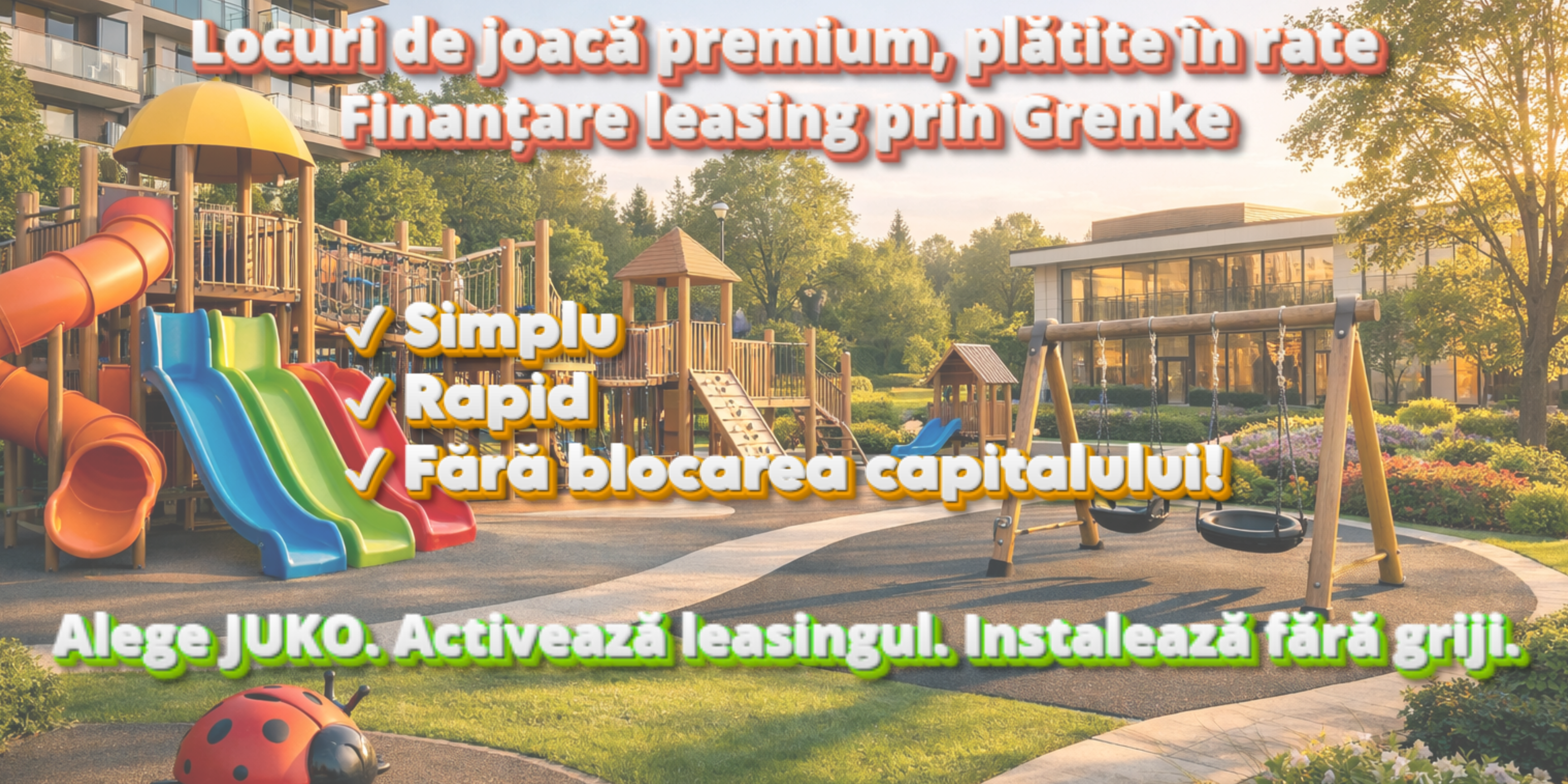 Locuri de joacă premium, plătite în rate Finanțare leasing prin Grenke ✔ Simplu ✔ Rapid ✔ Fără blocarea capitalului Alege JUKO. Activează leasingul. Instalează fără griji.