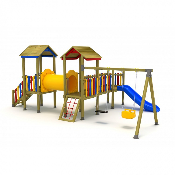 06A Clasic Echipament loc de joaca exterior parc din lemn cu Scara Tobogan Cataratoare Tunel si 2 Leagane [2]
