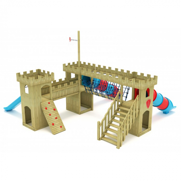 11A Castel Ansamblu Echipamente loc de joaca exterior parc din lemn cu Scara 3 Tobogane si 2 Cataratoare [1]