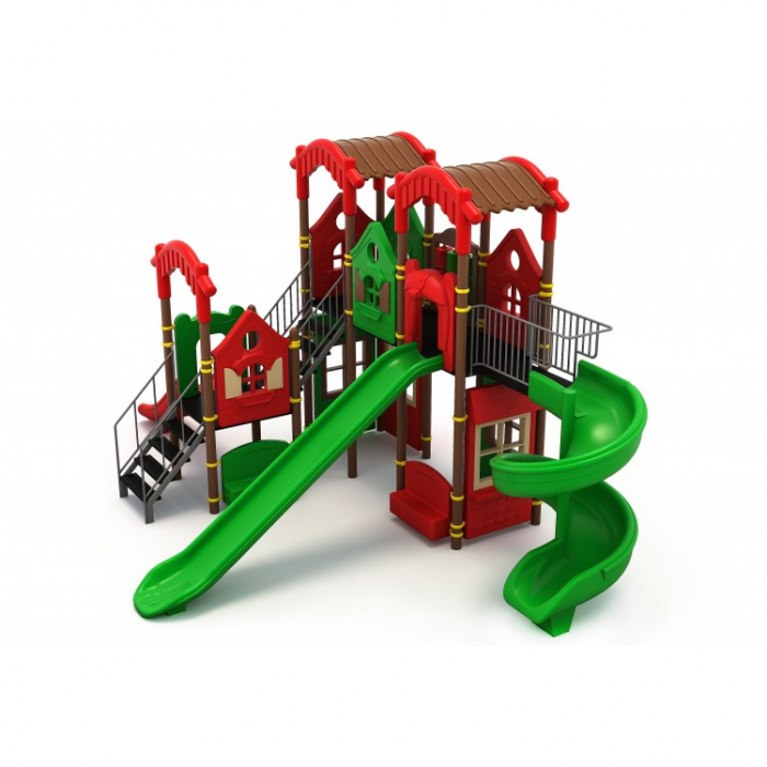 128M Casă Ansamblu Echipamente loc de joaca exterior parc din metal cu Scară 3 Tobogane 2 Băncuțe Activitati și 2 Leagăne [2]
