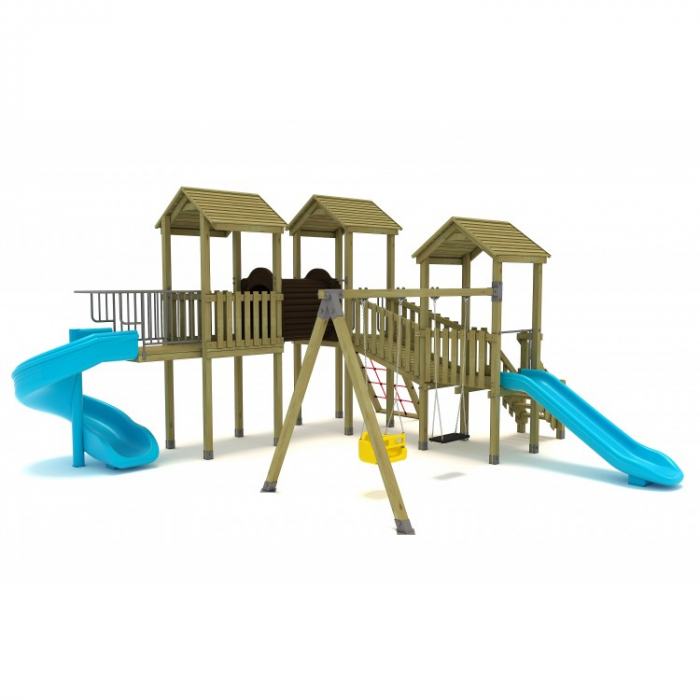 17A Clasic Echipament loc de joaca exterior parc din lemn cu Scara 2 Tobogane Tunel Cataratoare si 2 Leagane [2]