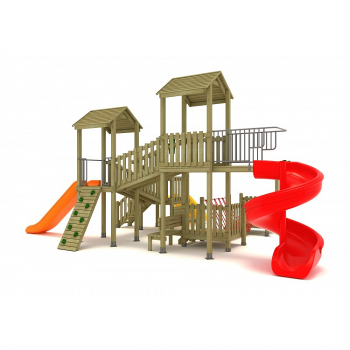 20A Clasic Echipament loc de joaca exterior parc din lemn cu Scara 3 Tobogane Bancuta si 2 Cataratoare [2]