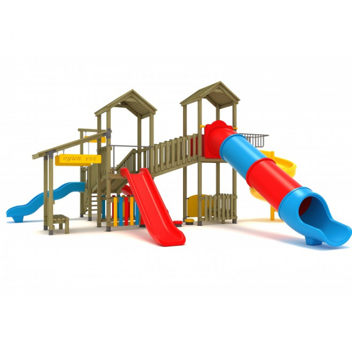 27A Clasic Ansamblu Echipament loc de joaca exterior parc din lemn cu Scara 5 Tobogane 2 Bancute si Cataratoare [2]
