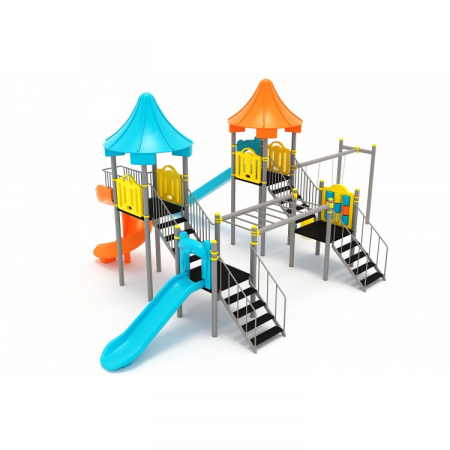Echipamente locuri de joaca de EXTERIOR - 119M Clasic Ansamblu loc de joaca exterior parc din metal cu 2 Scări 3 Tobogane Cățărătoare Activități și 2 Leagăne