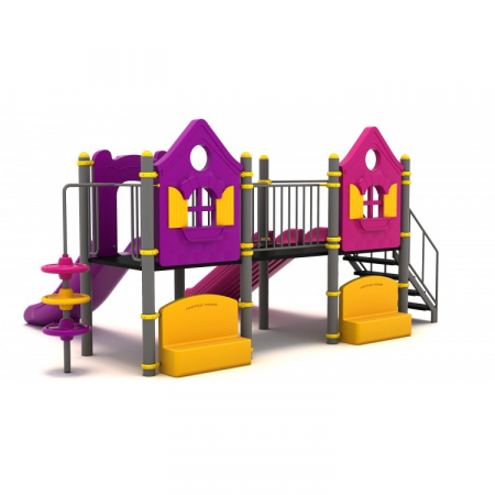 Echipamente locuri de joaca de EXTERIOR - 124M Casă Echipament loc de joaca exterior parc din metal cu Scară 2 Tobogane Cățărătoare si 2 Băncuțe