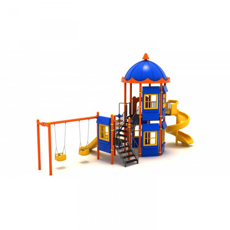 131M Casă Ansamblu Echipamente loc de joaca exterior parc din metal cu Scară 3 Tobogane 2 Leagăne Activitati și Cățărătoare [1]