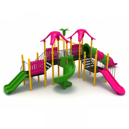 Echipamente locuri de joaca de EXTERIOR - 167M Clasic Ansamblu Echipamente loc de joaca exterior parc din metal cu 2 Scari 4 Tobogane si 2 Leagane