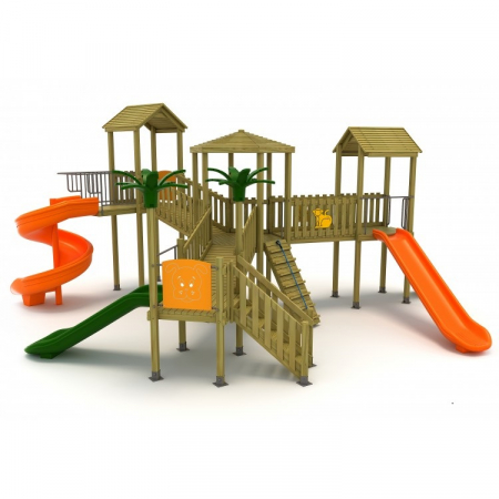 Echipamente locuri de joaca de EXTERIOR - 19A Clasic Echipament loc de joaca exterior parc din lemn cu Scara 3 Tobogane si Cataratoare