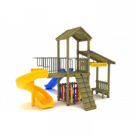 25A Clasic Echipament loc de joaca exterior parc din lemn cu 2 Tobogane 2 Bancute si Cataratoare [1]