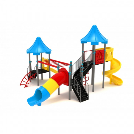 Echipamente locuri de joaca de EXTERIOR - 29M Clasic Ansamblu Echipamente loc de joaca exterior parc din metal cu 2 Scari 2 Tobogane si 3 Cataratoare