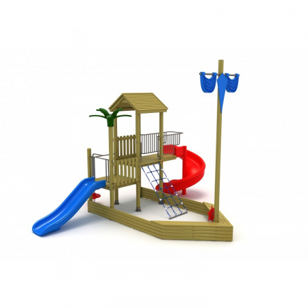 Echipamente locuri de joaca de EXTERIOR - 34A Vapor Echipament loc de joaca exterior parc din lemn cu 2 Tobogane si 2 Cataratoare