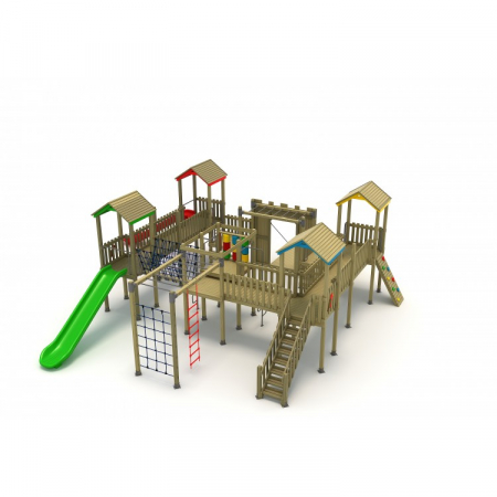 Echipamente din LEMN pentru loc de joaca - 35A Castel Ansamblu Echipamente loc de joaca exterior parc din lemn cu Scara 3 Tobogane Activitati si 5 Cataratoare