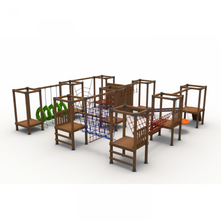 55A Aventura Parkour Ansamblu Echipamente loc de joaca exterior parc din lemn cu Legan si 9 Cataratoare [1]