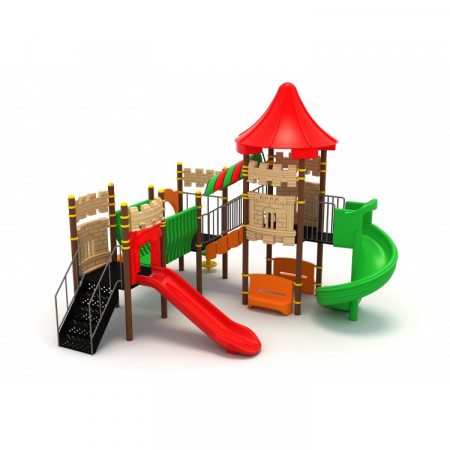 Echipamente locuri de joaca de EXTERIOR - 59M Castel Echipament loc de joaca exterior parc din metal cu Scara 3 Tobogane 2 Bancute și Cățărătoare