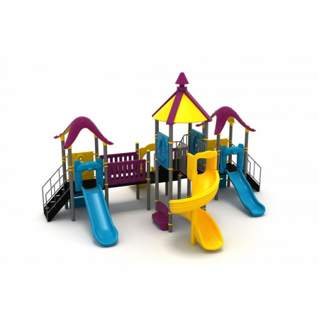 70M Clasic Echipament loc de joaca exterior parc din metal cu 2 Scări 4 Tobogane și 4 Băncute [1]