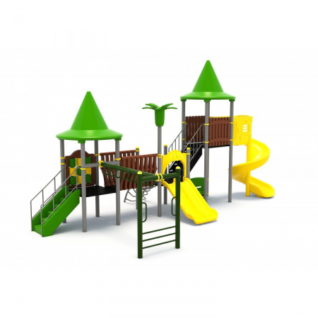 80M Clasic Echipament loc de joaca exterior parc din metal cu Scară 2 Tobogane Activitati Bancuta și 2 Cățărătoare [1]