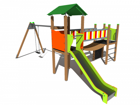 Echipamente locuri de joaca de EXTERIOR - BRL22 Clasic Echipament loc de joaca exterior parc din lemn cu 2 Cataratoare Pod Leagan si Tobogan