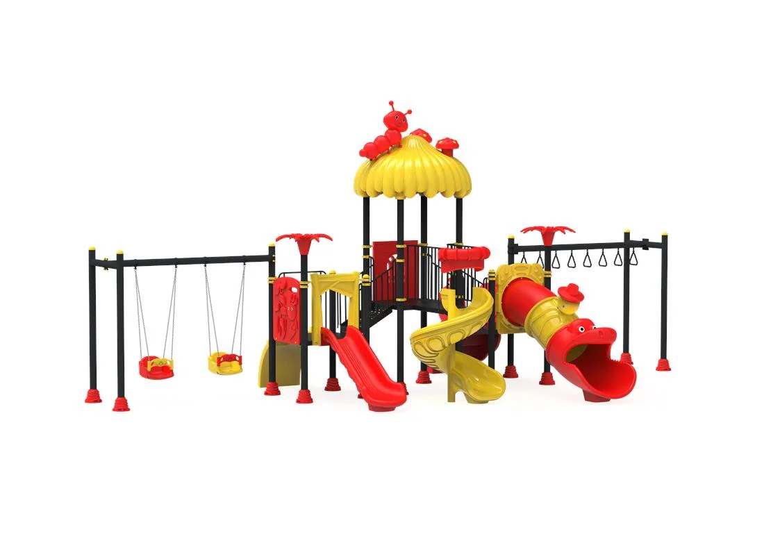 Echipamente locuri de joaca de EXTERIOR - PT-101 ECO Echipament loc de joaca exterior parc din metal cu Scara, 2 Leagane, 2 Cataratori si 3 Tobogane