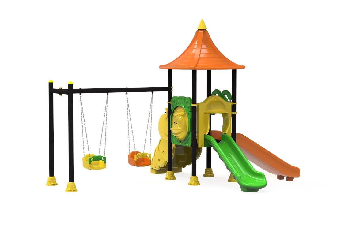 Echipamente locuri de joaca de EXTERIOR - PT-15 ECO Echipament loc de joaca exterior parc din metal cu Scara, 2 Leagane si 3 Tobogane