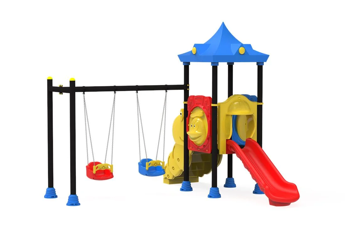 Echipamente locuri de joaca de EXTERIOR - PT-18 ECO Echipament loc de joaca exterior parc din metal cu Scara, 2 Leagane si Tobogan