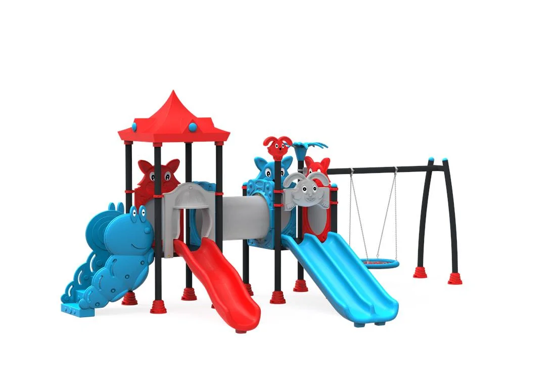 Echipamente locuri de joaca de EXTERIOR - PT-57 ECO Echipament loc de joaca exterior parc din metal cu Scara, Leagan Cuib, Tunel si 3 Tobogane