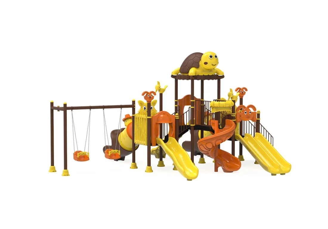 Echipamente locuri de joaca de EXTERIOR - PT-95 ECO Echipament loc de joaca exterior parc din metal cu Scara, 2 Leagane si 7 Tobogane