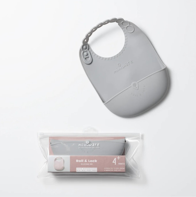 Baveta bebelusi Miniware Roll & Lock, 100% din silicon alimentar, Grey [1]