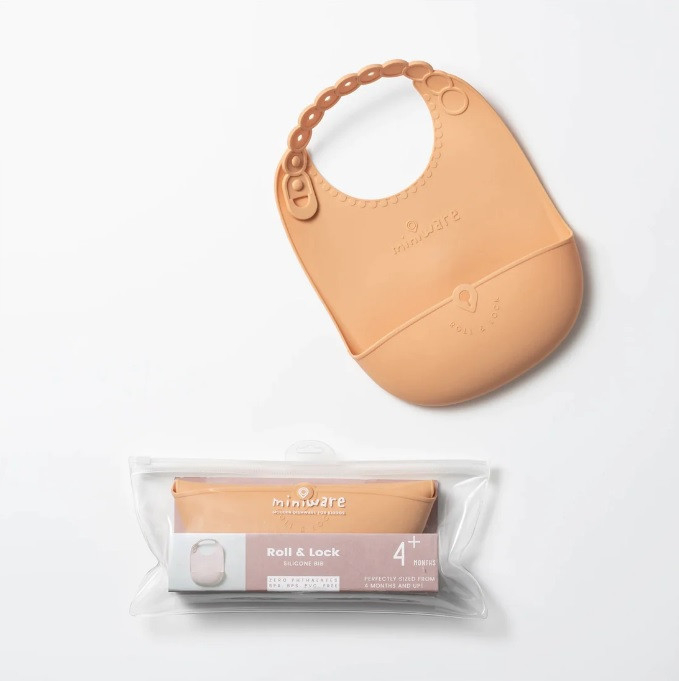 Baveta bebelusi Miniware Roll & Lock, 100% din silicon alimentar, Toffee [1]