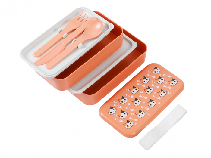 Cutie dubla pentru alimente, cu set de tacamuri, cu design cu pisicute, Orange Cat [1]