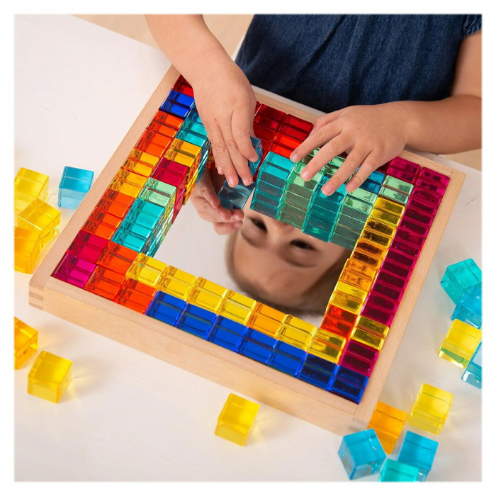 Gem Cube, set 100 cuburi acrilice cu tava din lemn, TickiT [4]