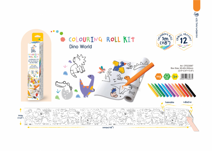 Kit rola de desenat 3 m si 12 creioane colorate cerate, Haku Yoka - Dinozauri [4]