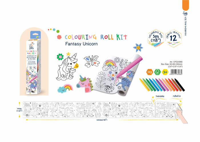 Kit rola de desenat 3 m si 12 creioane colorate cerate, Haku Yoka - Unicorni [2]
