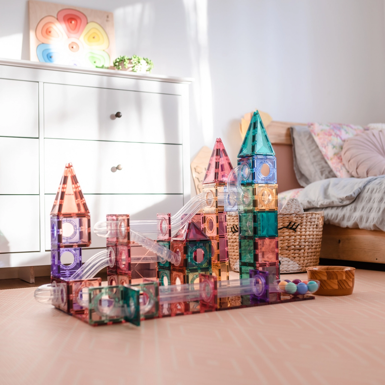 Magnetic Tiles Set construcție magnetic, 106 piese, culori pastel - circuit cu bile, Marble run [8]