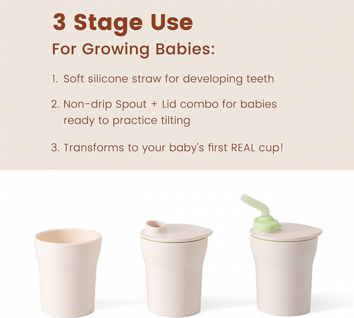 Pahar cu capac si pai antrenament bebelusi Miniware 1-2-3 Sip!, 100% din materiale naturale biodegradabile, Toffee [2]