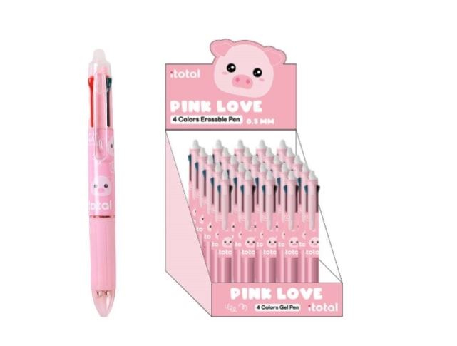 Pix erasable, multicolor, cu mecanism retractabil, 4 culori, cu design porcusor, iTotal [1]