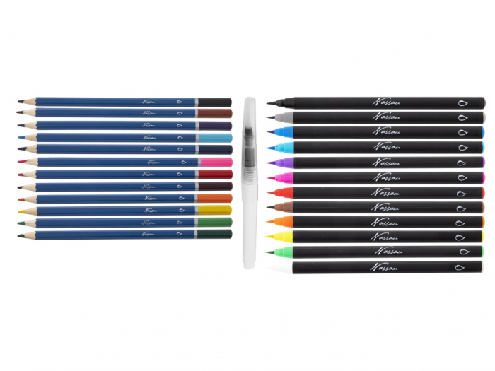 Set creativ, 12 carioci acuarela, 12 creioane colorate tip acuarela, 1 pensula, Nassau [3]