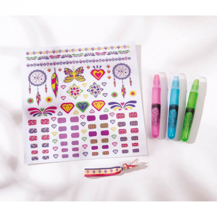 Set creativ 3 in 1, tatuaje cu sclipici, tatuaje cu sclipici pentru unghii si creioane pentru colorarea parului - Fashion Glamz [3]