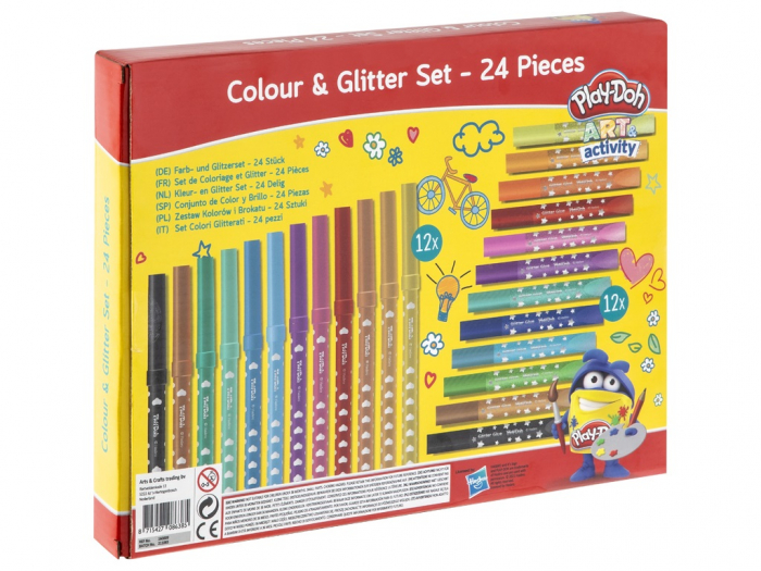 Set creativ, Coloreaza si lipeste cu sclipici, 12 carioci si 12 tuburi cu lipici, Play-Doh [2]