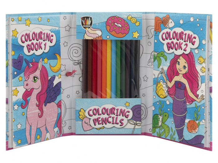 Set creativ de buzunar, 2 carti de colorat si creioane, unicorni si sirene, Grafix [3]